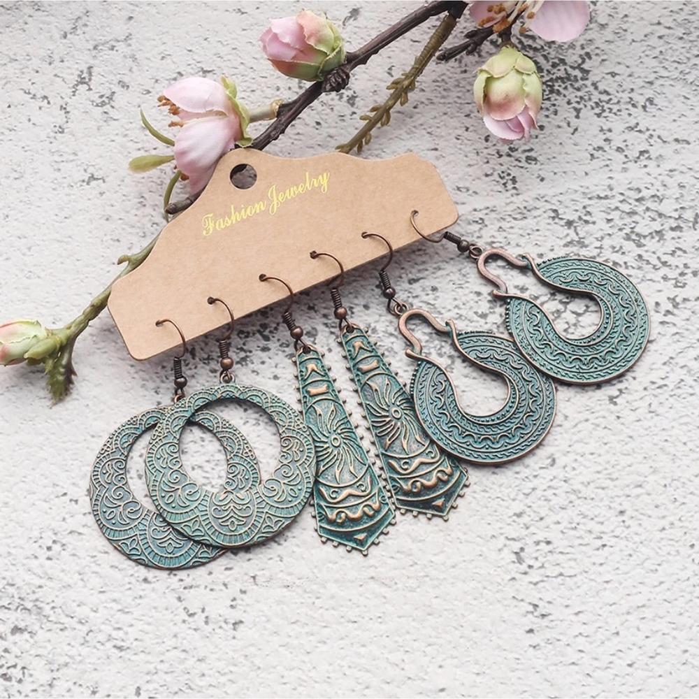 3 Pair Set Tribal Bohemian Dangle Earrings